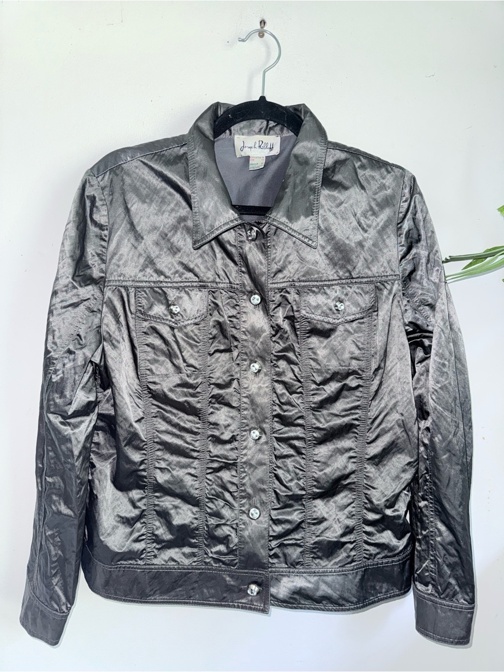 Joseph Ribkoff Shiny Charcoal Button-Front Jacket Vintage Size 14 Metallic
